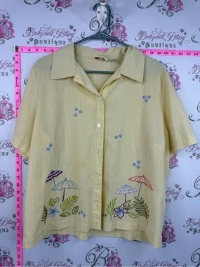 Alia T-shirt button up Yellow Button-Up Top with Floral & Umbrella Embroidery